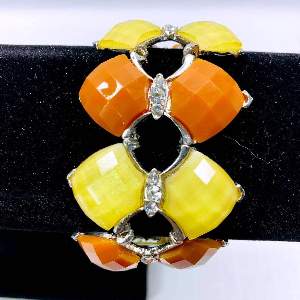 Vintage Stretch Beaded Bracelet Silver Tone Brown Yellow Faceted Gems Rhinestone